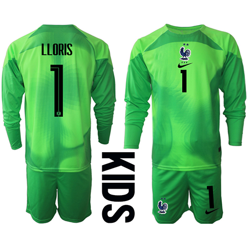 Camiseta Francia Hugo Lloris #1 Portero Segunda Equipación Replica Mundial 2022 para niños mangas largas (+ Pantalones cortos)